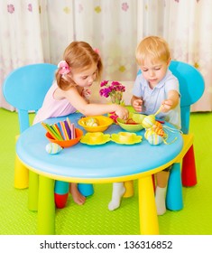 Cute Happy Kids Make Painted Eggs At School, Traditional Easter Symbol, Art Lesson, Best Friends Drawing On Classroom