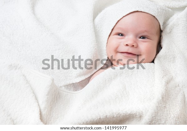 Baby After Bath Under Red Towel On Tummy Smiling Stock 