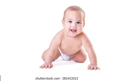 Cute happy smiling baby laying wearing diaper, isolated.
