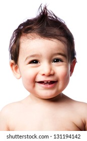 Cute Happy Smiling Teething Baby Toddler With Mohawk Hairstyle, Isolated.