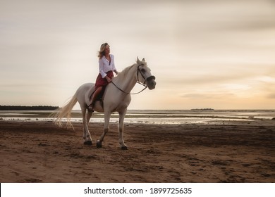 Cute happy young woman on horseback in summer beach by sea. Rider female drives her horse in nature on evening sunset light background. Concept of outdoor riding, sports and recreation. Copy space - Powered by Shutterstock