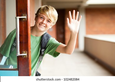 Cute High School Boy Waving Good Bye