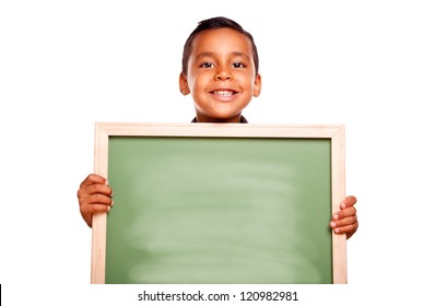 Cute Hispanic Boy Holding Blank Chalkboard Ready for Your Own Message Isolated on a White Background.