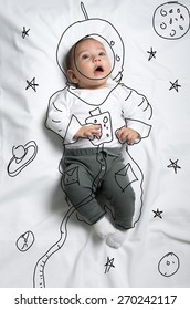 Cute Infant Baby Boy Astronaut In Space Sketch