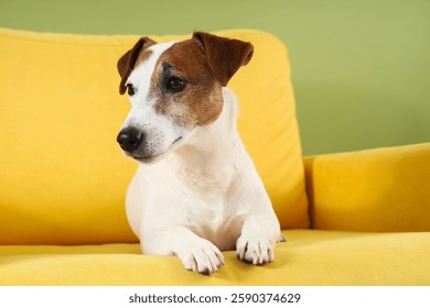 Cute Jack Russell terrier lying in yellow armchair at home, closeup