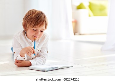 Cute Kid, Boy Making Notes In Diary At Sunny Day