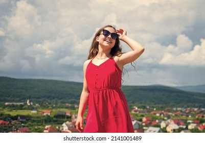 Cute Kid In Dress And Glasses Outdoor, Summer Fashion