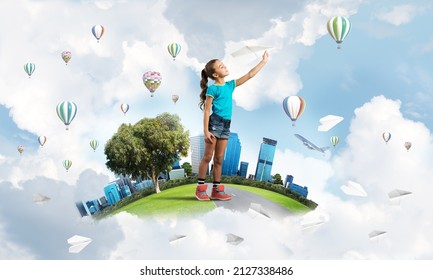 Cute Kid Girl On City Floating Island Throwing Paper Plane