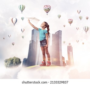 Cute Kid Girl On City Floating Island Throwing Paper Plane