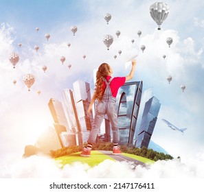 Cute Kid Girl On City Floating Island Throwing Paper Plane