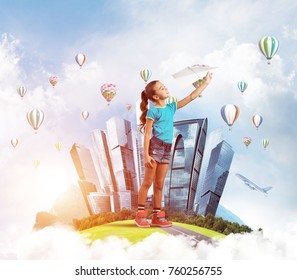 Cute Kid Girl On City Floating Island Throwing Paper Plane