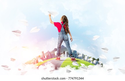 Cute Kid Girl On City Floating Island Throwing Paper Plane