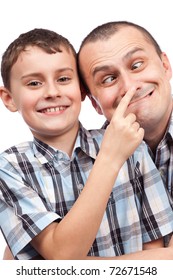 Cute Kid And His Dad Making Funny Faces, Isolated On White Background