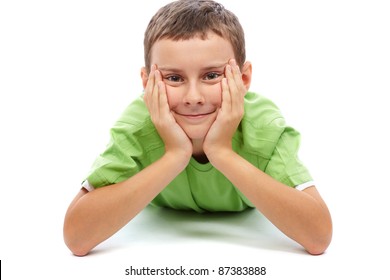 Cute Kid Lying Down Isolated On White Background