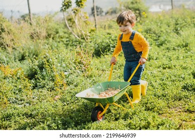 Cute kid rolling wheelbarrow while working on farm - Powered by Shutterstock