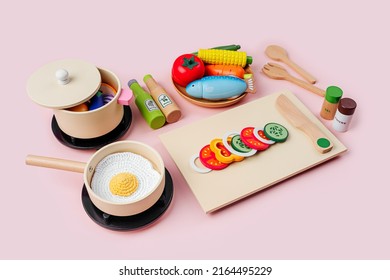 Cute Kids Toys To Play In The Kitchen. Wooden Fruit And Vegetables Play Set. Educational Toys. Healthy Food Concept. Learning And Development Of The Child