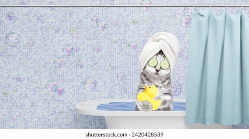 Cute kitten with towel on it head, with pieces of cucumber on it eyes and with cream on it face takes the bath at home with rubber duck. Empty space for text - Powered by Shutterstock