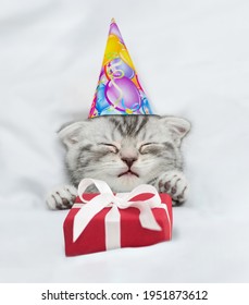 Cute Kitten Wearing Birthday Cap Sleeps Under Blanket On A Bed At Home And Holds Gift Box. Top Down View