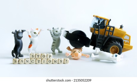 Cute kittens rally against the sanctions aimed at ordinary citizens. Stop sanctions! Give stockers and contributors the opportunity to work and earn. White background