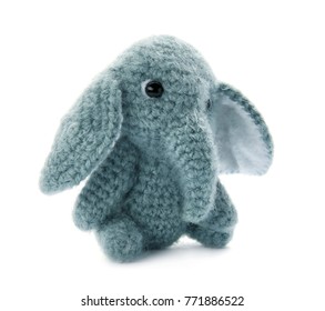 Cute Knitted Toy Elephant On White Background