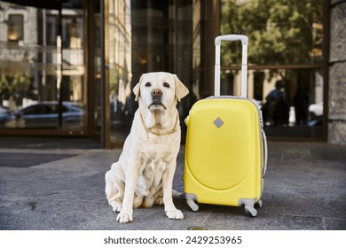 cute labrador sitting beside yellow luggage near entrance of pet friendly hotel, travel concept