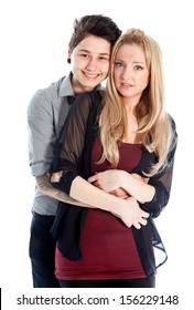 Cute Lesbian Couple 30 Years Old Shot In Studio Isolated On A White Background