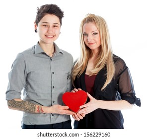 Cute Lesbian Couple 30 Years Old Shot In Studio Isolated On A White Background