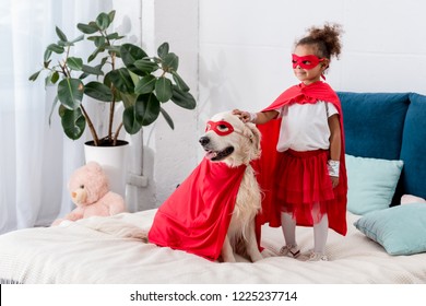 Cute Little African American Kid With Dog In Superhero Costumes Looking Away While Standing On The Bed 