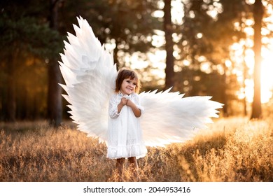 Cute Little Angel Girl In White Clothes, Dress And Wings, Standing Where The Light Of Sunset, The Sun's Rays In The Summer Forest. Gentle, Artistic Image, Photo, Glare.