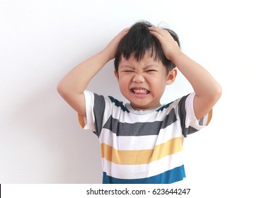 Cute Little Asian Boy Feel Strain, Angry, Bored