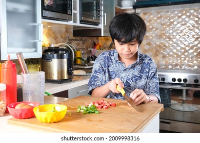 Cute Little Asian Boy Preparing Cooking Japanese Food Takoyaki At Home Kitchen For Online Cooking Skill Final Exam. Online Education Concept.