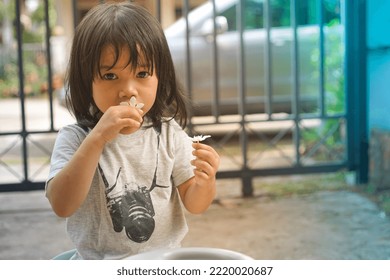 Cute Little Asian Girl Holding A Pink Bouquet. Child Planting Spring Flowers. 