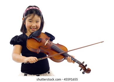 Cute Little Asian Girl Playing The Violin Isolated Over White