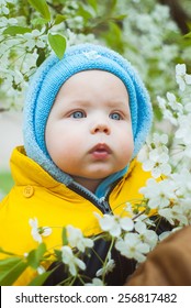 cute little baby in blue hat over spring blossom trees background. beautiful boy with blue eyes. parenting or love concept. children and parents in park. adorable child, infant, kid. family lifestyle
