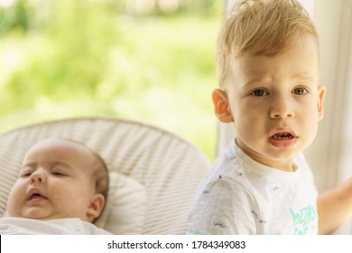 Cute little baby boy with newborn sister. Toddler kid meeting new born sibling. Infant sleeping in white bouncer under a blanket. Kids playing and bonding. Children with small age difference.