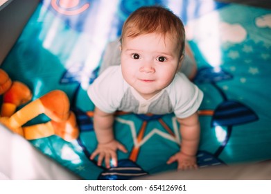 Cute Little Baby Boy Playing In Colorful Playpen Indoors Beautiful