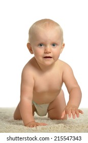 Cute Little Baby Crawling In Nappy On A White Background