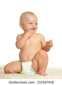 Cute Little Baby Crawling In Nappy On A White Background