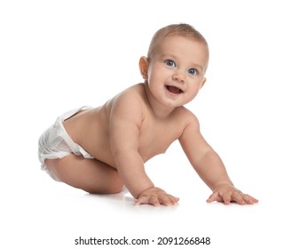 Cute Little Baby In Diaper Crawling On White Background