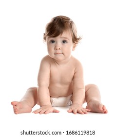 Cute Little Baby In Diaper On White Background