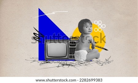 Cute little baby in diaper sitting near retro TV. Watching cartoons and fairy tales. Contemporary art collage. Creative design. Concept of modern technologies, surrealism, childhood, fantasy