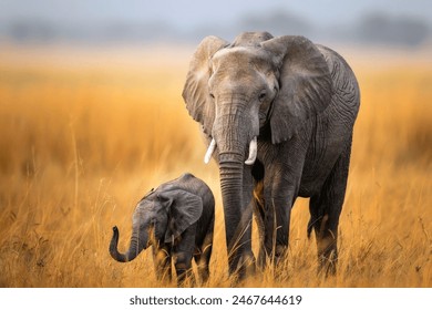 A cute little baby elephant with its mother in the savannah