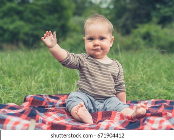 A cute little baby in nature is sitting on a picnic blanket and is waving