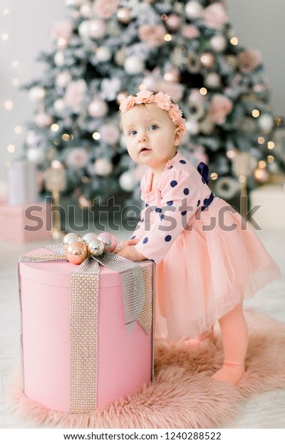 Cute Little Baby Pink Dress Standing Stock Photo Edit Now 1240288522