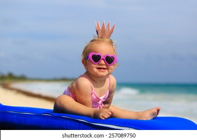 Cute Little Baby Princess On Summer Tropical Beach