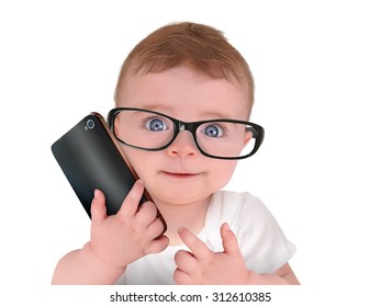 A cute little baby is wearing eye glasses and talking on a cell phone on an isolated white background for a humor or communication concept.