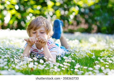 Cute little blond kid boy with blue eyes laying on the grass with daisies flowers in the park. On warm summer day during school holidays. Child dreaming and smiling.