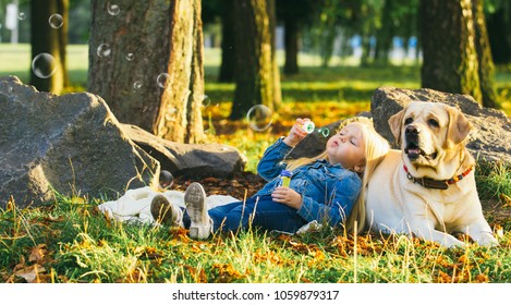 Cute little blonde girl sitting with dog on the grass in the forest