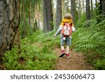 Cute little boy with a backpack having fun outdoors on sunny summer day. Child exploring nature. Kid going on a trip. Summer activities for families with kids.