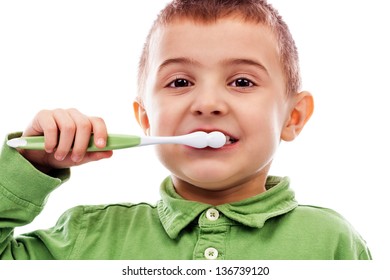 Cute Little Boy Brushing Teeth Isolated Stock Photo 136739120 ...